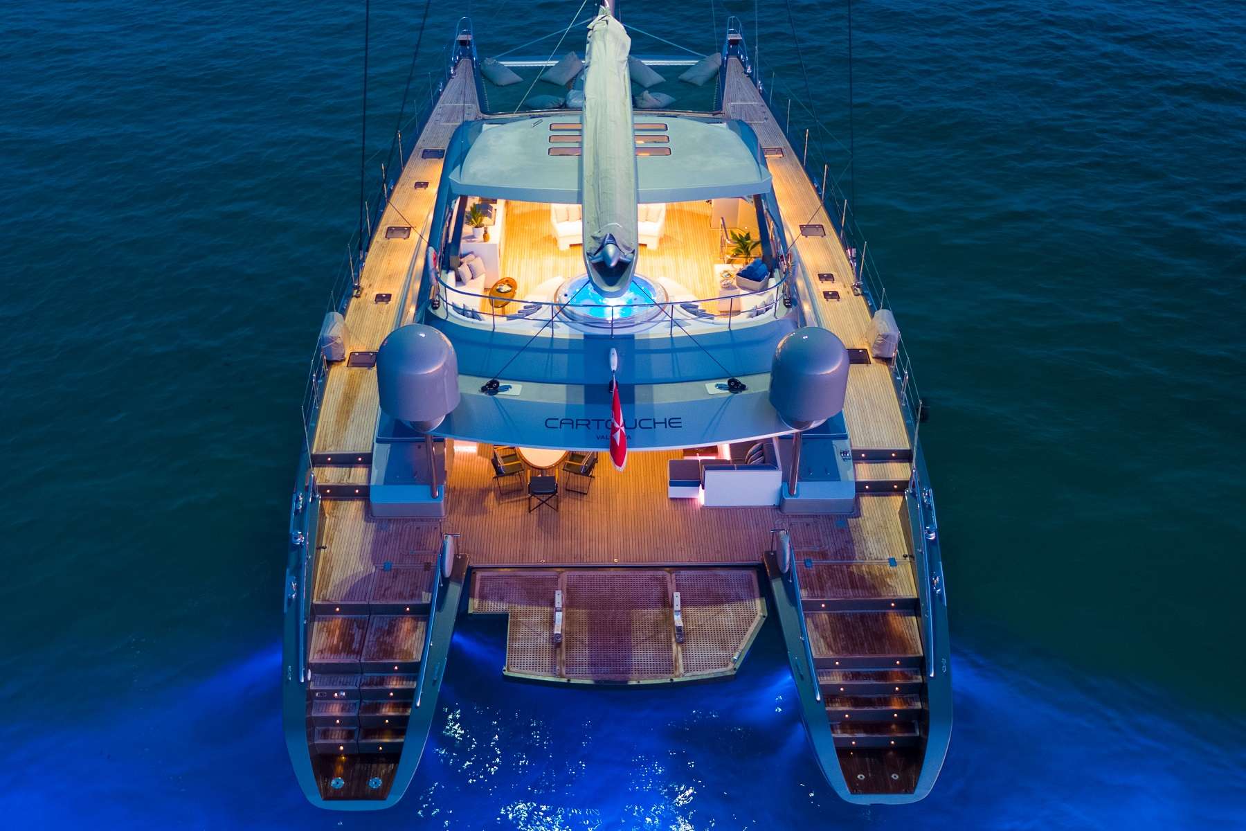 Cartouche at anchor, aerial night view